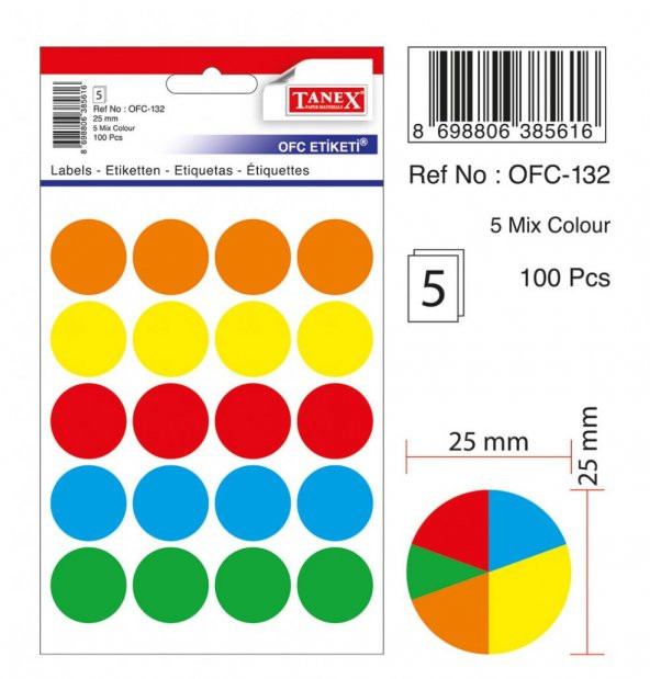 Tanex Mıx Color Ofis İşaretleme Nokta Etiketi 25mm 5-Renk 5.yaprak (100 Etiket) ürün görseli 1