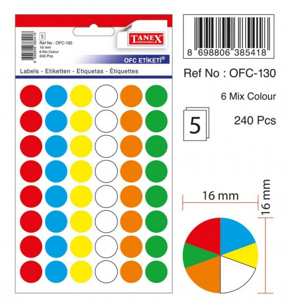 Tanex Mıx Color Ofis İşaretleme Nokta Etiketi 16mm 6-Renk 5.yaprak (240 Etiket) ürün görseli 1