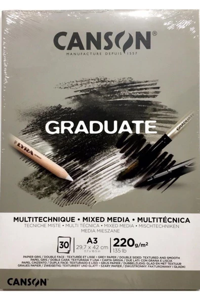 Canson Çizim Bloğu Graduate Mıx Medıa Gri 30 Yaprak A3 220 Gram ürün görseli 1