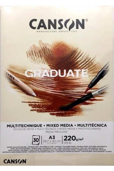 Canson Çizim Bloğu Graduate Mıx Medıa Natural 30 Yaprak A3 220 Gram ürün görseli 1