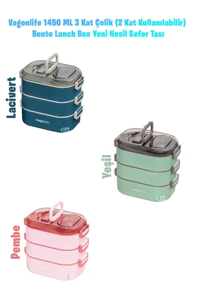 Vagonlife 1450 ML 3 Kat Çelik (2 Kat Kullanılabilir) Bento Lunch Box Yeni Nesil Sefer Tası-FFLBOX7083 ürün görseli 1