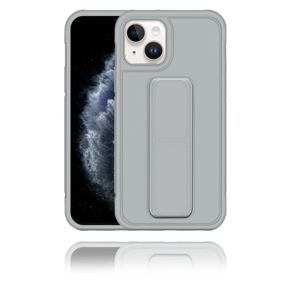 Apple IPhone 13 Mini Uyumlu Gri Yumuşak Silikon Standlı Tutacaklı (Tutamaçlı) Telefon Kılıfı ürün görseli 1