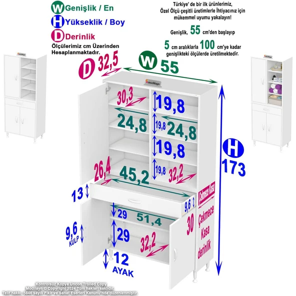 Modilayn AFRA 55x173x32,5 cm 1 Çekmece 3 Kapak 7 Raf 10 Bölme Çok Amaçlı Banyo & Mutfak Dolabı  ürün görseli 1