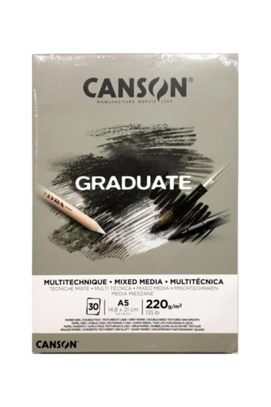Canson Çizim Bloğu Graduate Mıx Medıa Gri 30 Sayfa A5 220 Gram ürün görseli 1