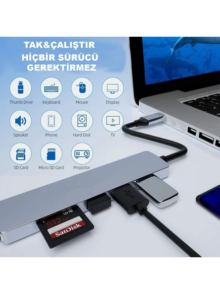 Daytona Hc-13 6'lı Usb Type-c Dockıng Statıon GİRİŞ USB TİP-C  3XUSB3.0 HDMI SD MİCRO SD - Resim 2