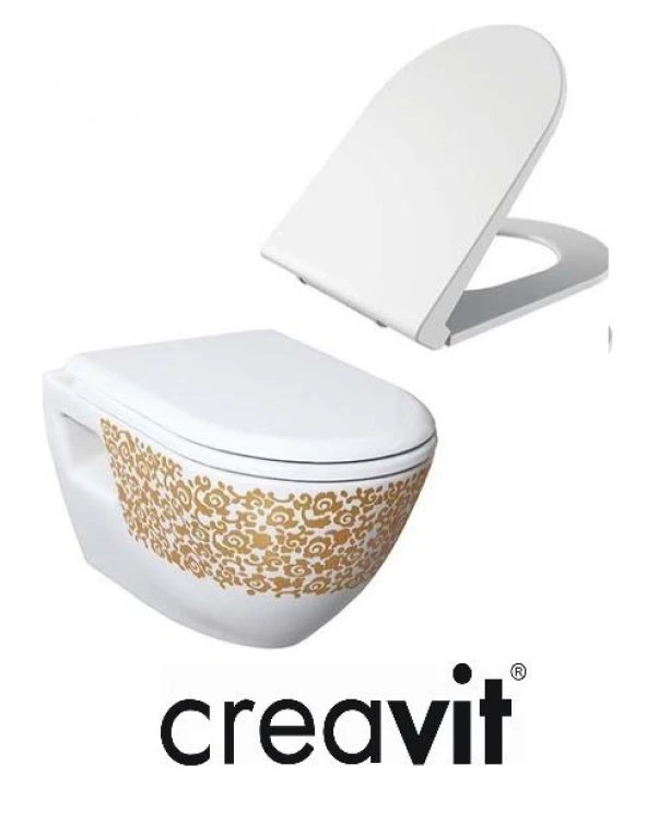 Creavit TP325 Terra Asma Klozet Çiçek Altın Dekorlu Asma Klozet + Duck Yavaş Kapanır Kapak ürün görseli 1