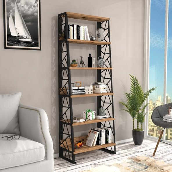 Woodn Love Albatros 5 Raflı Piramit Metal Kitaplık - Atlantik Çam / Siyah ürün görseli 1
