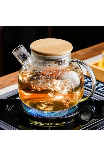 Vakumlu Bambu - Metal Kapaklı Isıya Dayanıklı Borosilikat Cam Demlik, Süzgeçli (1000 ML) Teapot ürün görseli 1