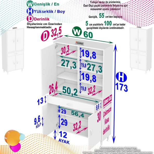 Modilayn AFRA 60x173x32,5 cm 1 Çekmece 3 Kapak 7 Raf 10 Bölme Çok Amaçlı Banyo & Mutfak Dolabı  ürün görseli 1