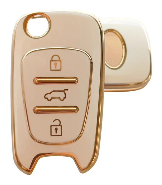 Hyundai Accent Elantra i20 i30 iX35 Uyumlu Anahtar Kumanda Kılıfı Kabı Oto Anahtarlık Beyaz Gold ürün görseli 1