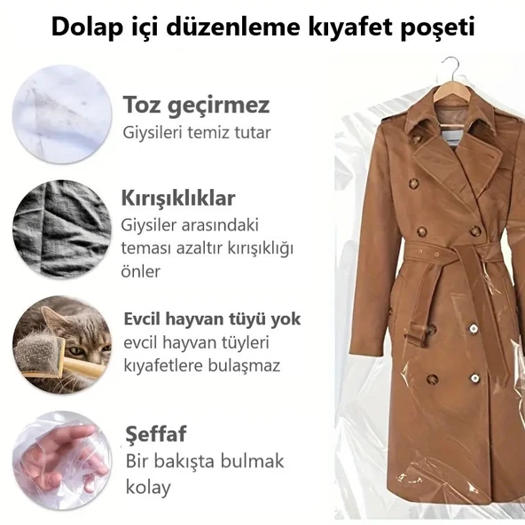 Gardırop İçi Askılık yuvalı 60x180cm Kuru temizleme - Dolap içi ŞEFFAF saklama NaYLoNu (10adet) ürün görseli 1