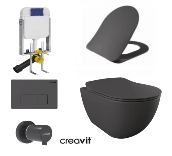 Creavit GR5001- FE322 5 Parça Antrasit Mat Asma Klozet Gömme Rezervuar Seti Kanalsız ürün görseli 1