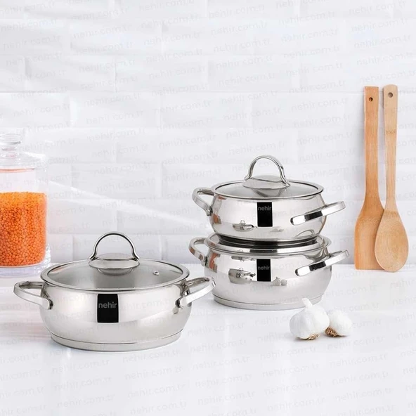 Nehir Silver Lüks 6 Parça Cam Kapaklı Derin Çelik Tencere Seti ürün görseli 1