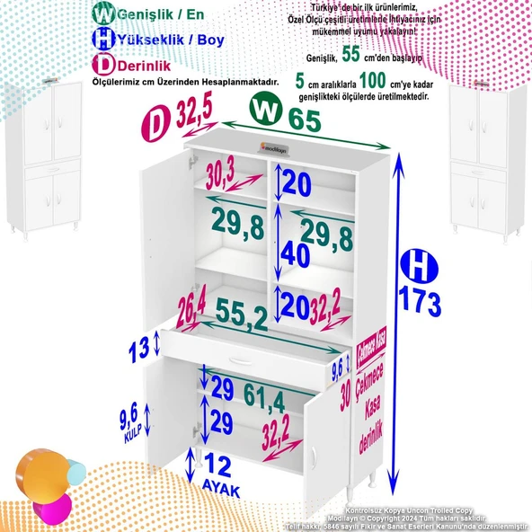 Modilayn AFRA 65x173x32,5 cm 1 Çekmece 3 Kapak 5 Raf 8 Bölme Çok Amaçlı Banyo & Mutfak Dolabı  ürün görseli 1