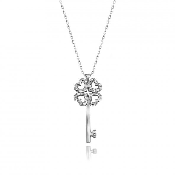 Gümüş Swarovski Taşlı Yonca Kalp Anahtar Kolye Sertifikalı Qr Kod ürün görseli 1