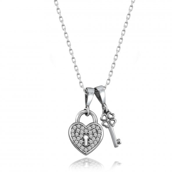 Swarovski Taşlı Kalp Kilidi Gümüş Bayan Kolye Sertifikalı Qr Kod ürün görseli 1