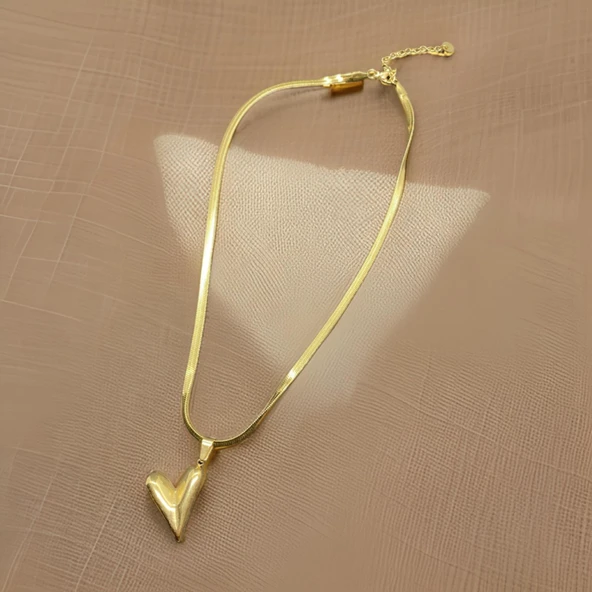 Kalbinizi Taşıyan Şık Kalp Model Gold Renk 316L Antialerjik Şık Çelik Kadın Kolye ürün görseli 1