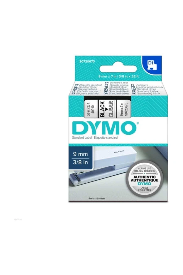 Dymo D1 Şerit Standart 9 MMx7 MT Şeffaf Üzerine Siyah 40910 S0720670 ürün görseli 1