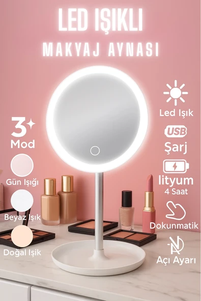 Dokunmatik Led Işıklı Usb Li Yuvarlak Masa Üstü Makyaj Aynası Makyaj Aynası Ledli ürün görseli 1