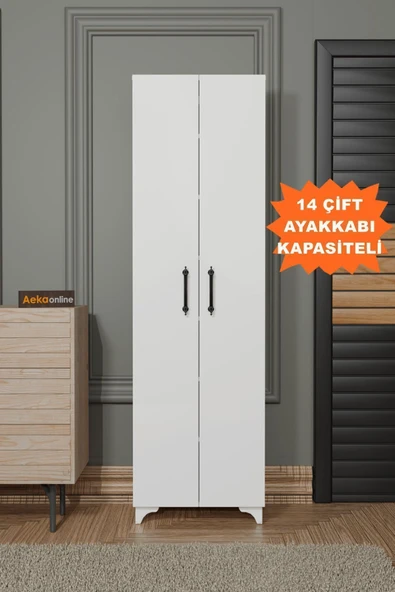 AEKA AE-3085 SELEN BEYAZ AYAKKABILIK, 7 RAFLI, AYAKLI, 2 KAPAKLI ÇOK AMAÇLI DOLAP, KİLER DOLABI ürün görseli 1