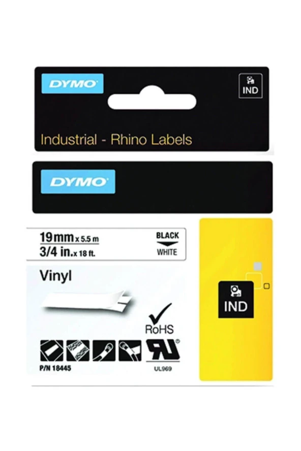 Dymo Rhino Pro Etiketi Renkli Vinil 19 MMx5,5 MT Beyaz Üzerine Siyah 18445 ürün görseli 1