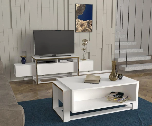 Bianco Tv Sehpası Beyaz - Gold - Resim 4