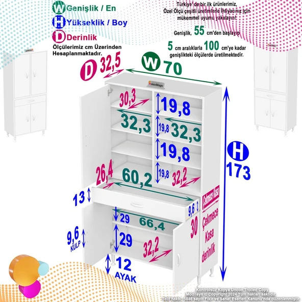 Modilayn AFRA 70x173x32,5 cm 1 Çekmece 3 Kapak 7 Raf 10 Bölme Çok Amaçlı Banyo & Mutfak Dolabı  ürün görseli 1