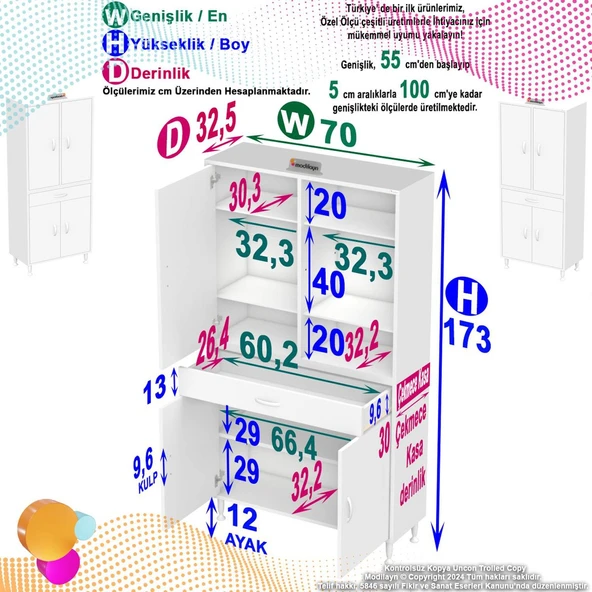 Modilayn AFRA 70x173x32,5 cm 1 Çekmece 3 Kapak 5 Raf 8 Bölme Çok Amaçlı Banyo & Mutfak Dolabı  ürün görseli 1