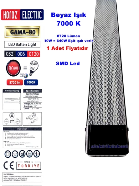 HOROZ Gama-80 SİYAH 120cm 80W Prizma Led Bant Armatür 7000K Beyaz Işık IP20 ürün görseli 1