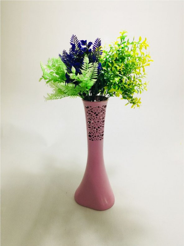 Uzun 40cm Pembe Desenli Mor Yeşil Tonları Yapay Çiçekli Vazo ürün görseli 1