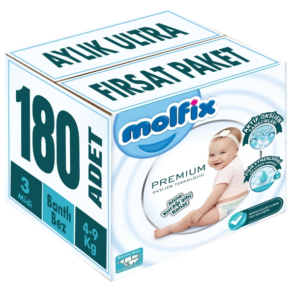 Molfix Premium Bebek Bezi Beden:3 (4-9KG) Midi 180 Adet Aylık Ultra Fırsat Pk ürün görseli 1