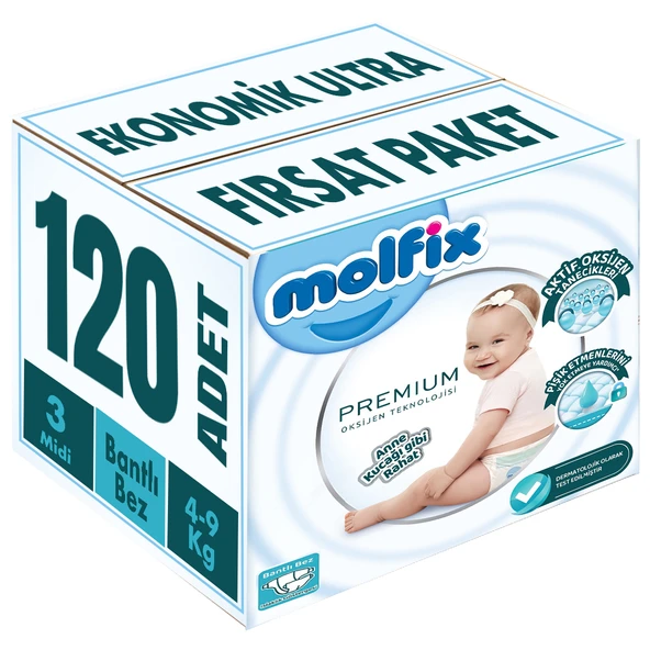 Molfix Premium Bebek Bezi Beden:3 (4-9KG) Midi 120 Adet Ekonomik Ultra Fırsat Pk ürün görseli 1