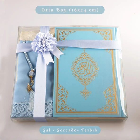 Şal + Seccade + Tesbih + Kuran Hediye Seti (Orta Boy, Ekonomik Cilt, Açık Mavi) ürün görseli 1