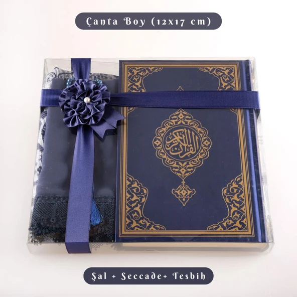 Şal + Seccade + Tesbih + Kuran Hediye Seti (Çanta Boy, Ekonomik Cilt, Lacivert) ürün görseli 1