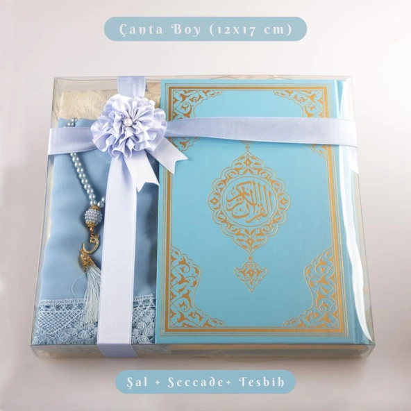 Şal + Seccade + Tesbih + Kuran Hediye Seti (Çanta Boy, Ekonomik Cilt, Açık Mavi) ürün görseli 1