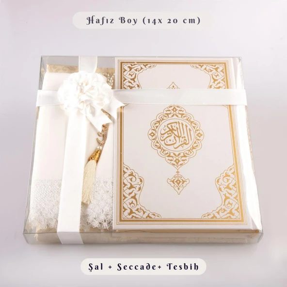 Şal + Seccade + Tesbih + Kuran Hediye Seti (Hafız Boy, Ekonomik Cilt, Beyaz) ürün görseli 1