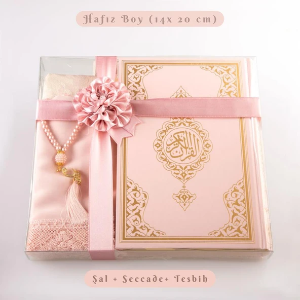 Şal + Seccade + Tesbih + Kuran Hediye Seti (Hafız Boy, Ekonomik Cilt, Pembe) ürün görseli 1