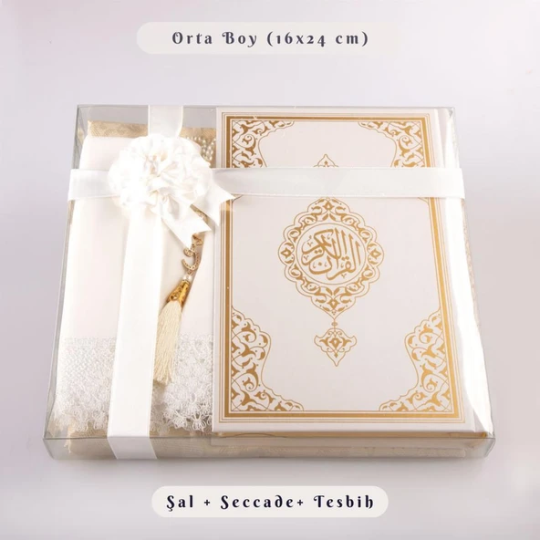 Şal + Seccade + Tesbih + Kuran Hediye Seti (Orta Boy, Ekonomik Cilt, Beyaz) ürün görseli 1
