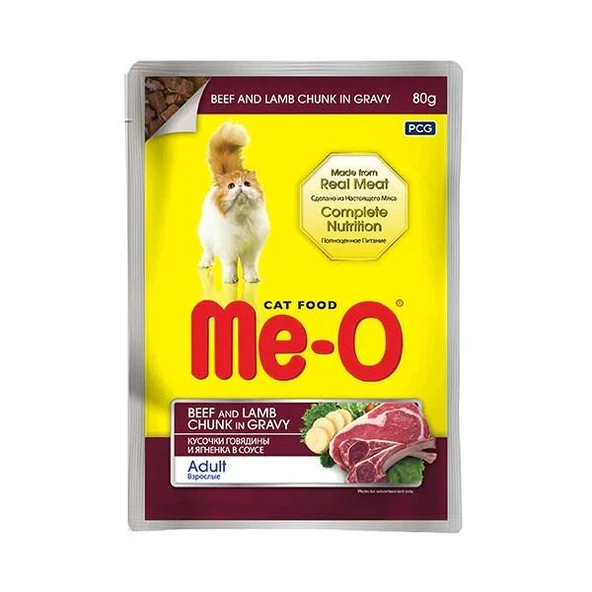 Me-O Pauch Jöle İçinde Parça Dana ve Kuzu Etli Kedi Konserve Mama 80 gr ürün görseli 1