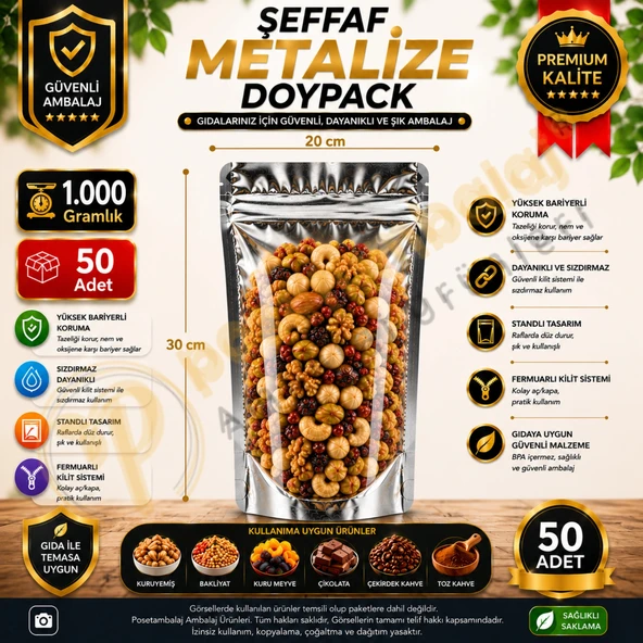 Şeffaf Metalize Doypack 20x30x10 cm (50 Adet) ürün görseli 1