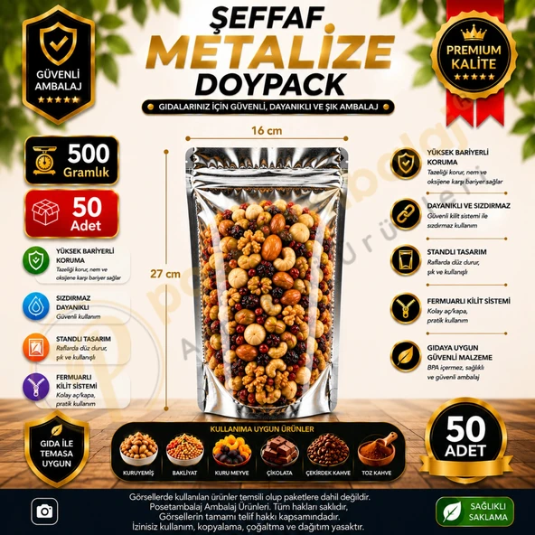 Şeffaf Metalize Doypack 16x27x8 cm (50 Adet) ürün görseli 1