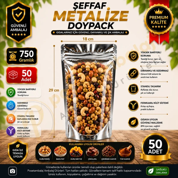 Şeffaf Metalize Doypack 18x29x10 cm (50 Adet) ürün görseli 1