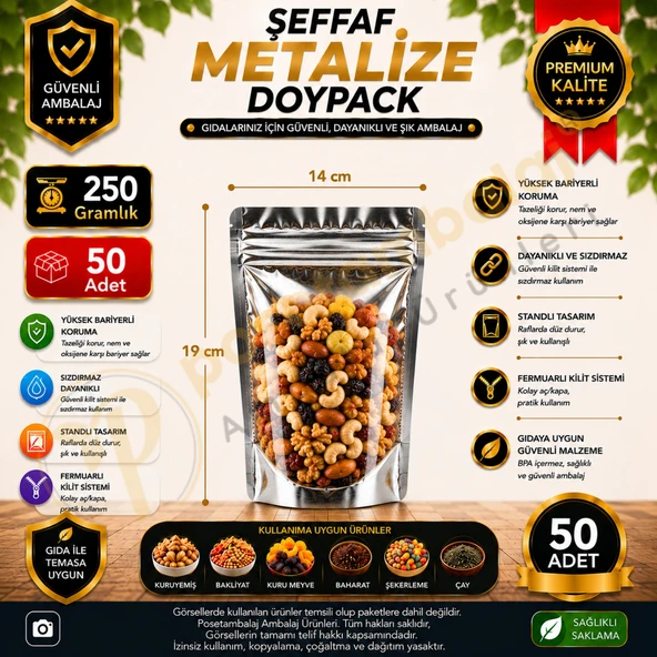 Şeffaf Metalize Doypack 14x19x7 cm (50 Adet) ürün görseli 1
