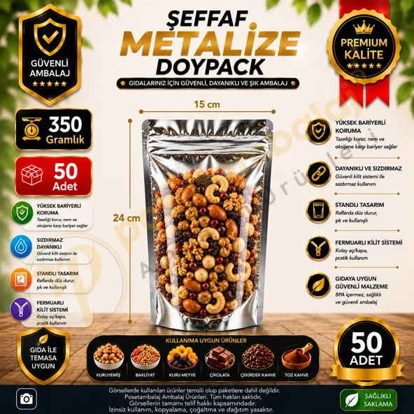 Şeffaf Metalize Doypack 15x24x8 cm (50 Adet) ürün görseli 1