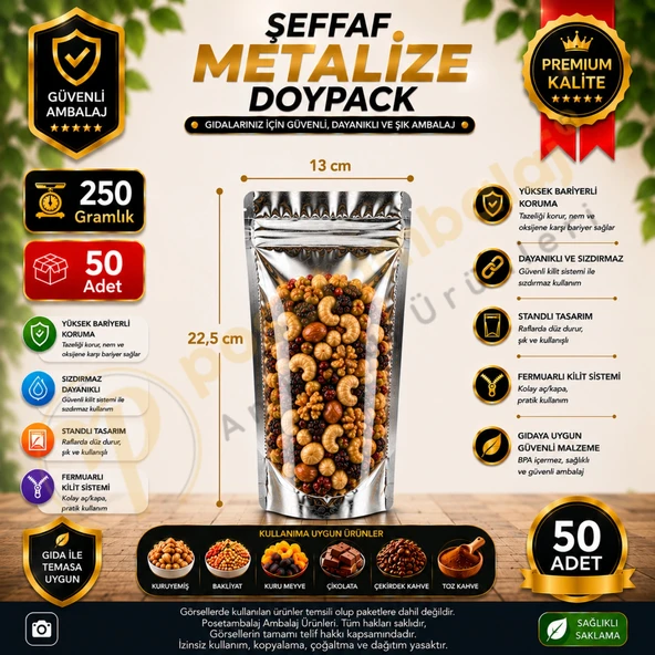 Şeffaf Metalize Doypack 13x22,5x7 cm (50 Adet) ürün görseli 1