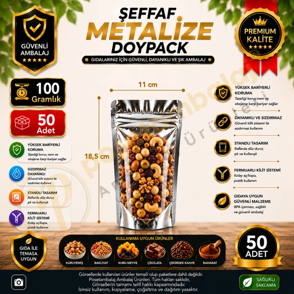 Şeffaf Metalize Doypack 11x18,5x7 cm (50 Adet) ürün görseli 1