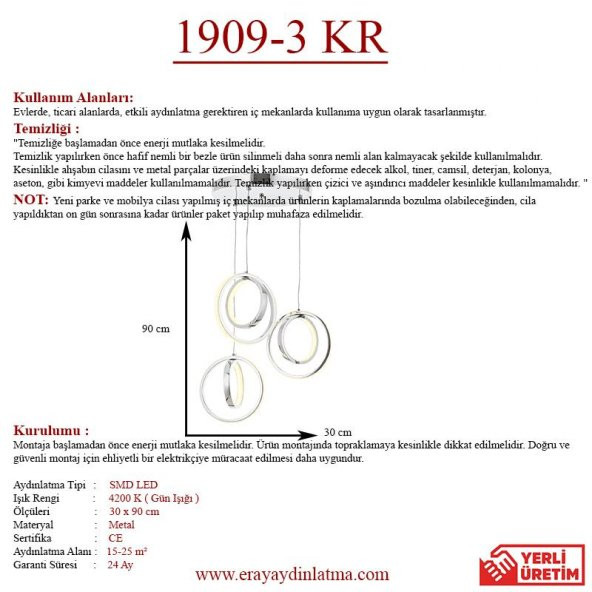 Eray Aydınlatma 1909-3 Krom 3 lü Led Avize - Resim 3