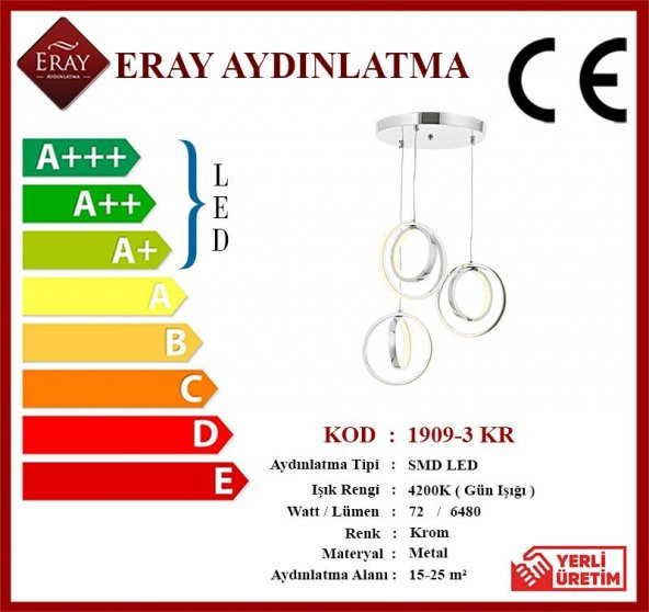 Eray Aydınlatma 1909-3 Krom 3 lü Led Avize - Resim 4