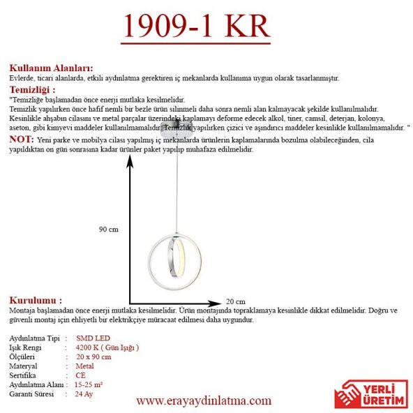 Eray Aydınlatma 1909-1 Krom Tekli Led Avize - Resim 3