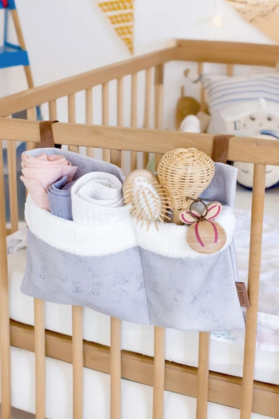 Pratik Askılı Organizer Bebek Arabası Beşik Kenar Fluffy Organizer Solid Gri ürün görseli 1